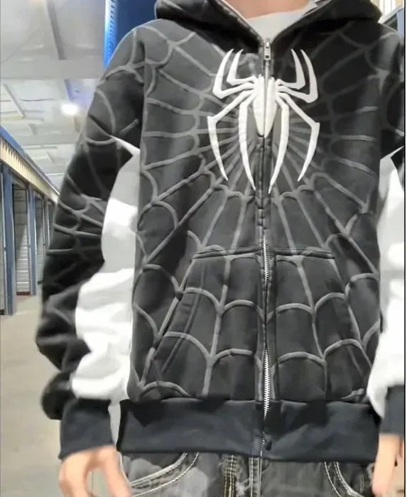 Men Spider Print Hoodies Women Hip Hop Zipper Long Sleeve Jacket Coats Y2k Autumn Winter Harajuku Casual Loose Hooded Sweatshirt