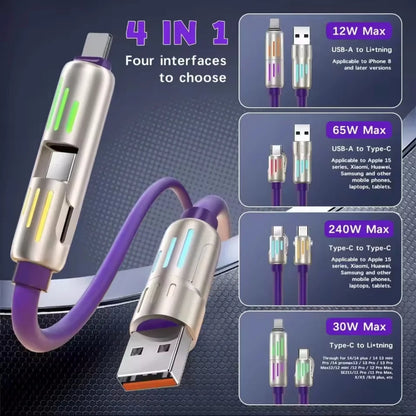 4 in 1 Multi Connectors Charger Rotating Elbow USB to Type-C 1.5m Mobile Phone 240W Fast Charging Silicone Cable Data Transfer