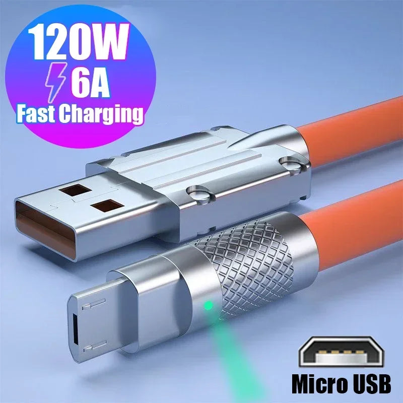 120W 6A Fast Charging Micro USB Cable Aluminum Alloy Thick Micro USB Cellphone Charger Wire Cord with Light for Android Laptop