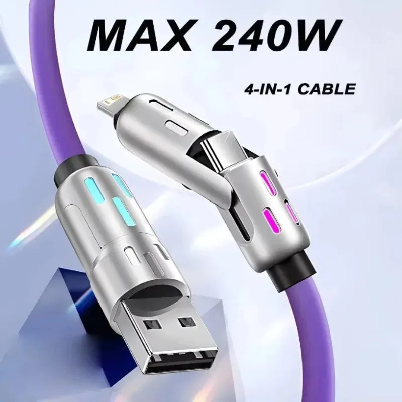 USB to Type-C 4 In 1 Multi Connectors Charger Rotating Elbow Mobile Phone 240W Fast Charging Silicone Cable Data Transfer