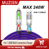 USB to Type-C 4 In 1 Multi Connectors Charger Rotating Elbow Mobile Phone 240W Fast Charging Silicone Cable Data Transfer