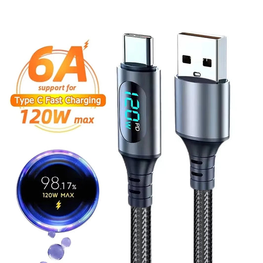 120W Led Digital Display Cable Super Fast Type C Cable Charging For Phone Quick PD Charge For iPhone 15 16 High Speed Data Cord