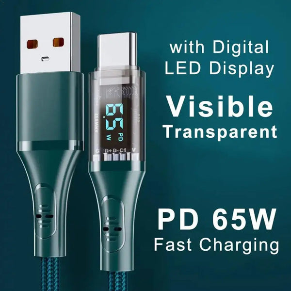 High Speed Charging Cable 100W/66W Fast USB/Type-C to Type-C Charging Cable With Visible Digital LED Display for iPhone Android