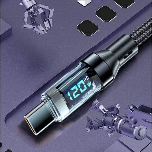 120W LED Digital Display Fast Charging Cellphone Type C Cables USB C Data Line for Android Samsung Xiaomi Quick Charger Cord