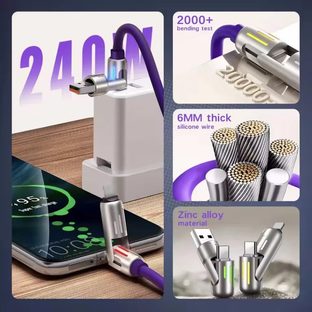 4 in 1 Multi Connectors Charger Rotating Elbow USB to Type-C 1.5m Mobile Phone 240W Fast Charging Silicone Cable Data Transfer