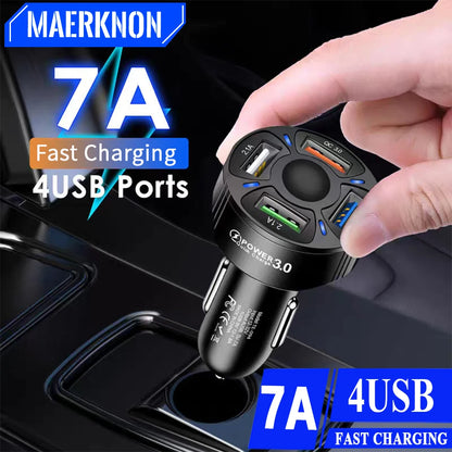 USB Car Charger 7A 4 Ports USB-A Car Adapter Fast Quick High Speed Charging QC3.0 in Car for Phone iphone Xiaomi 14 Ultra Huawei