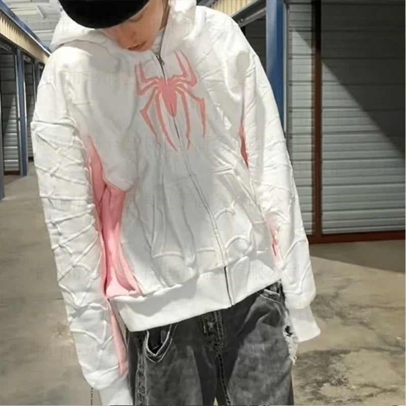 New cross-border European and American style autumn and winter spider print patchwork cardigan zipper hooded sweatshirt