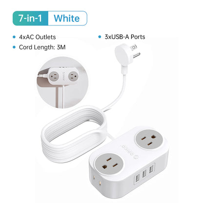 ORICO Travel Power Strip with USB C AC Outlets 3 USB Ports Wrapped Flat Plug Extension Cord with Multiple Outlets for Travel