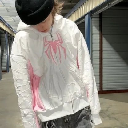 America Classics Gothic Red Spider Print Hooded Cardigan Full Zip Up Loose Men Women Hip Hop Hoodie Jacket Y2k Street Sweatshirt