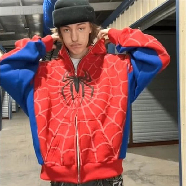 New cross-border European and American style autumn and winter spider print patchwork cardigan zipper hooded sweatshirt