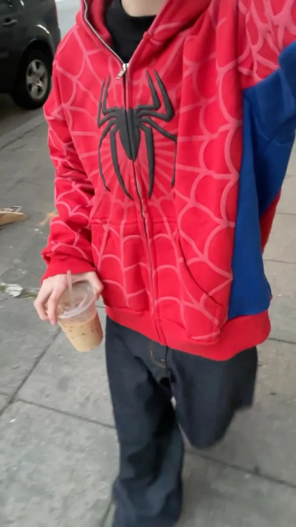 Men Women Fashion Hip Hop Jacket Street Sweatshirt America Gothic Red Spider Print Hoodie Y2k Retro Full Zip Up Loose Hoodies