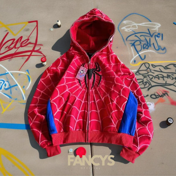 Foam printing Y2k clothing Spider web Red hoodie sweatshirt zipper warm Harajuku punk grunge Women Hip hop sweatshirt Hoodie
