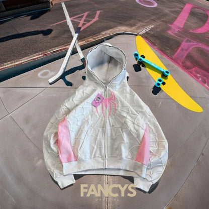 Foam printing Y2k clothing Spider web Red hoodie sweatshirt zipper warm Harajuku punk grunge Women Hip hop sweatshirt Hoodie