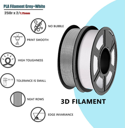 3D Printer PLA Filament 1.75mm Dimensional Accuracy +/- 0.02mm, 250g Spool (0.55 lbs), Grey+White