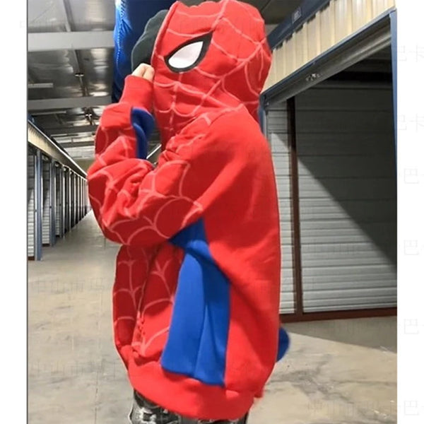 New cross-border European and American style autumn and winter spider print patchwork cardigan zipper hooded sweatshirt