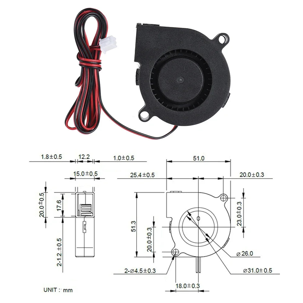 3D Printer Parts Fan Cooling Blow Radial Fan Cooling 12V DC 50mm Hot End Extruder for RepRap I3 3D Printer
