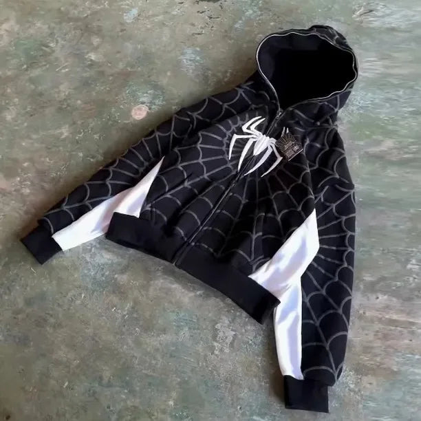 Foam printing Y2k clothing Spider web Red hoodie sweatshirt zipper warm Harajuku punk grunge Women Hip hop sweatshirt Hoodie