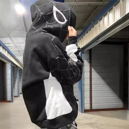 New cross-border European and American style autumn and winter spider print patchwork cardigan zipper hooded sweatshirt