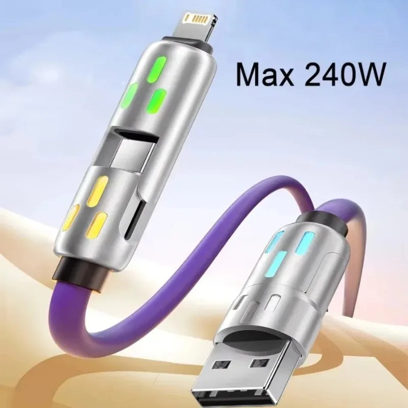 USB to Type-C 4 In 1 Multi Connectors Charger Rotating Elbow Mobile Phone 240W Fast Charging Silicone Cable Data Transfer