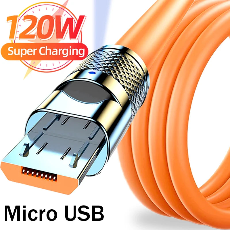 120W 6A Fast Charging Micro USB Cable Aluminum Alloy Thick Micro USB Cellphone Charger Wire Cord with Light for Android Laptop